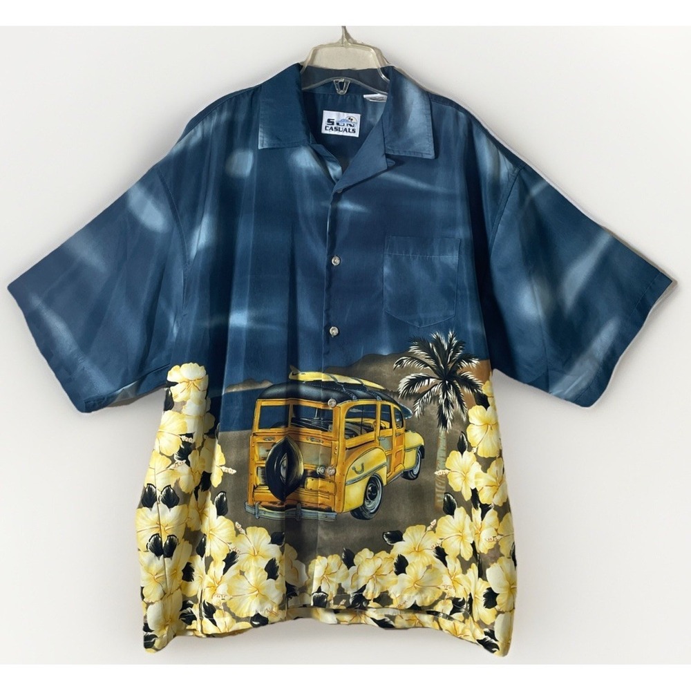 Vintage Sun Casuals Hawaiian Camp Shirt X Large Yellow Woody Car Hibiscus Button